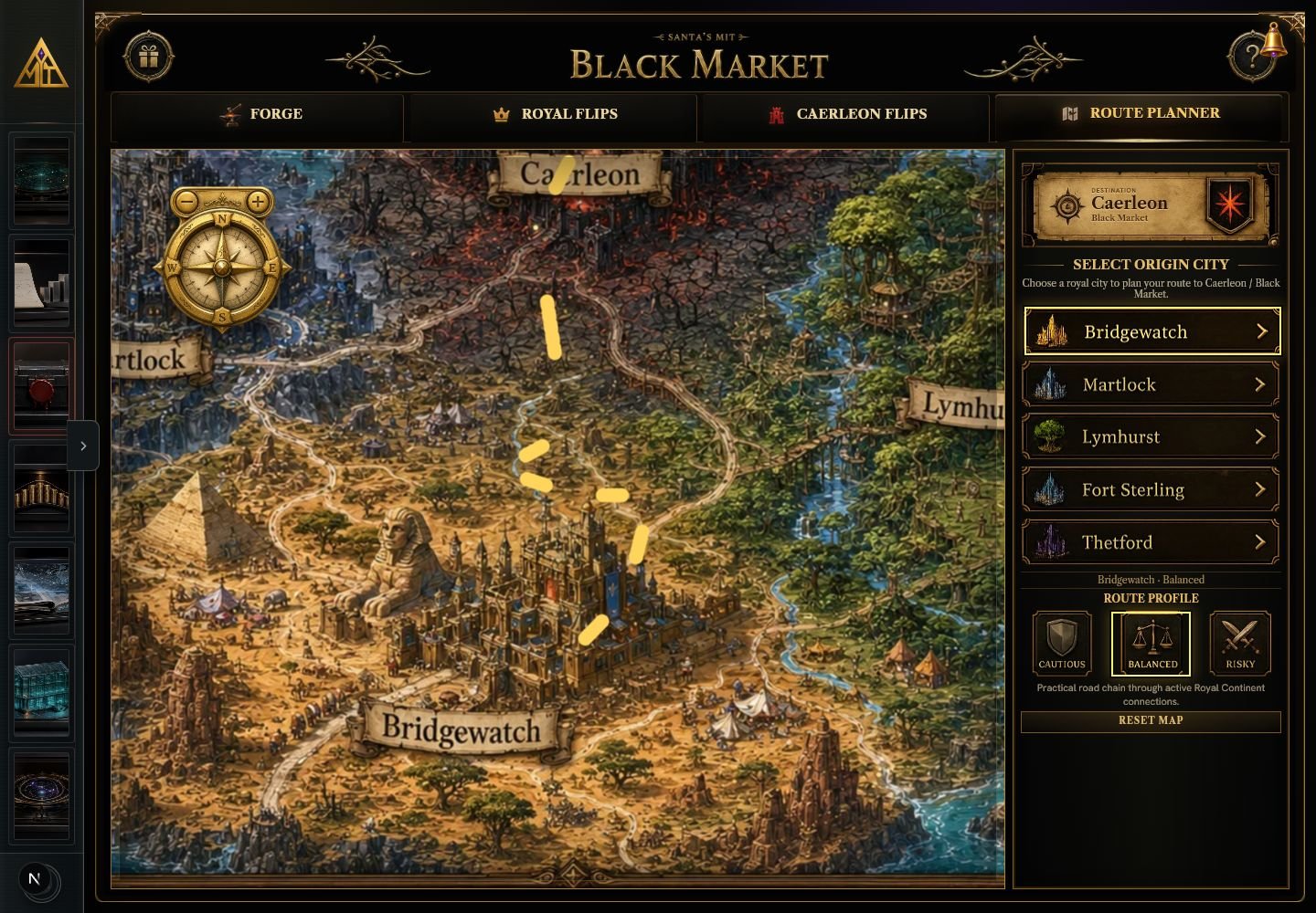 Black Market Route Planner showing a Bridgewatch to Caerleon map, origin controls, and the Balanced risk profile.